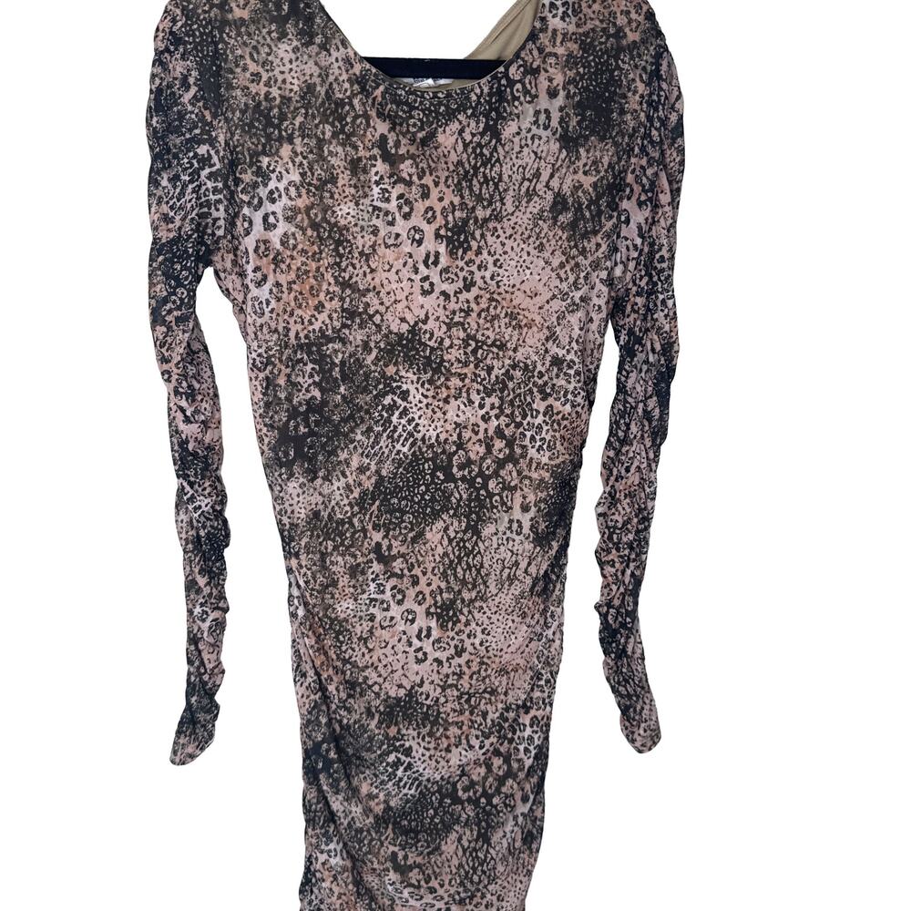 BB Dakota / Steve Madden Leopard Rouched Midi Dress w/ Sheer Long Sleeves